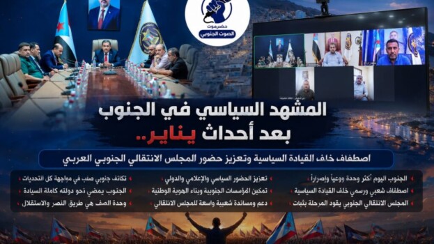 المشهد السياسي في الجنوب بعد أحداث يناير.. اصطفاف خلف القيادة السياسية وتعزيز حضور المجلس الانتقالي الجنوبي العربي